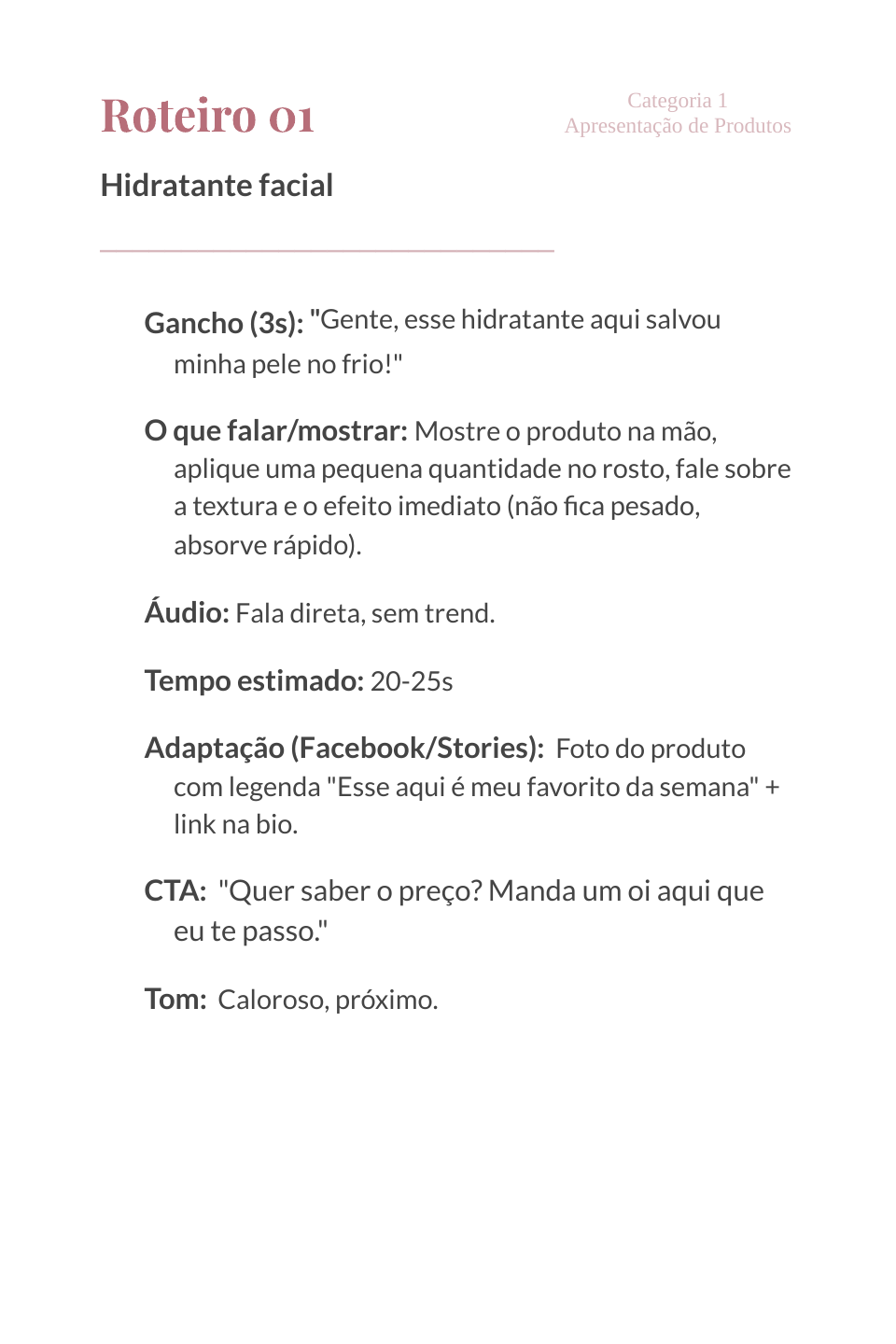 Página do roteiro de apresentação de produto, Hidratante facial